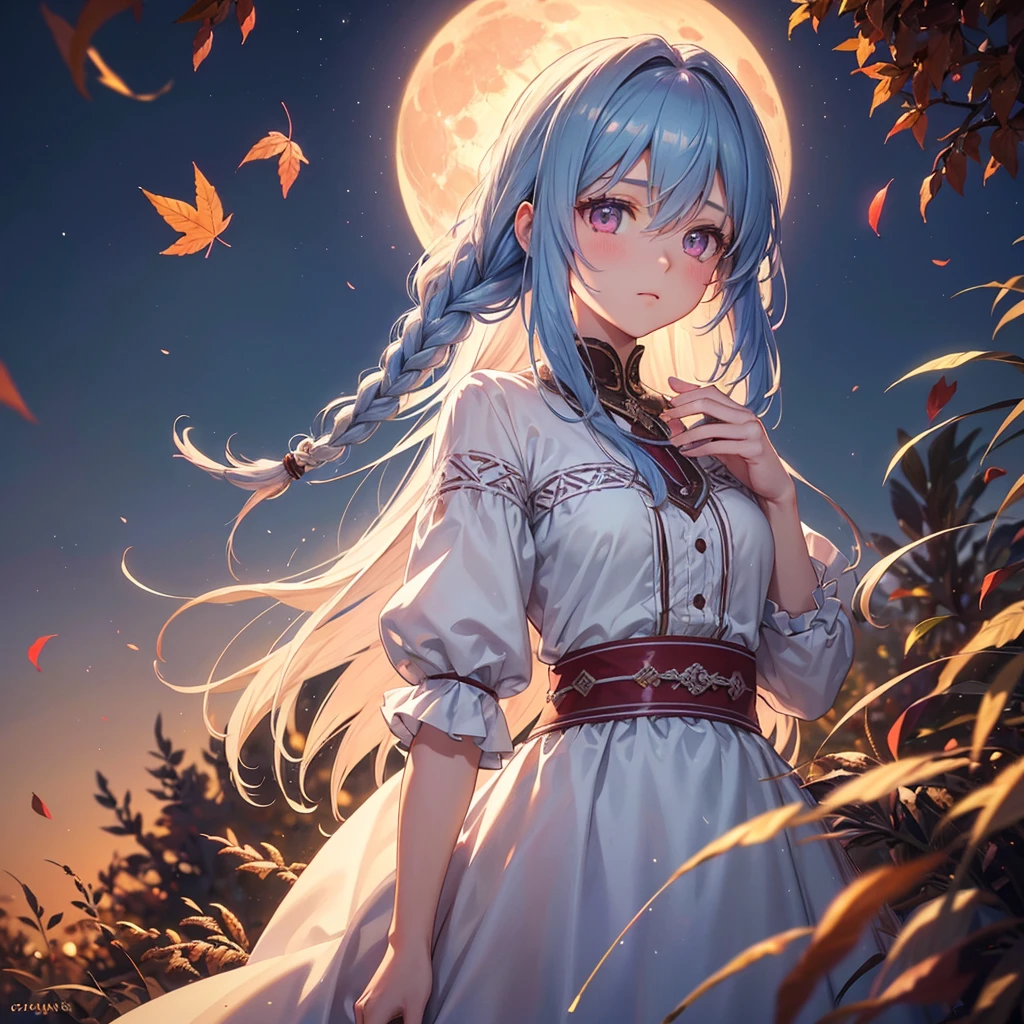 (Braiding hair),(Sky blue medium hair), (Pink eyes),(Fair skin) ,(whole body),(One Girl),(harvest moon),(A large amount of Miscanthus sinensis in the background),autumn,(full moon),(masterpiece, Highest quality, Very detailed, Best Shadow), (Detailed Background), (Beautifully detailed face), High Contrast, (Best lighting, Very delicate and beautiful), ((Cinematic Light)), Hyper Detail,8k, Dramatic Light, Intricate details,Autumn leaf viewing,