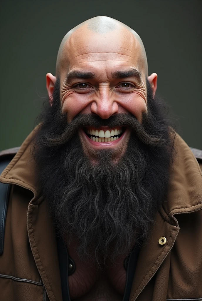 Tall man, scruffy beard, shaven hair, big smile, dark brown hair and beard and very white skin