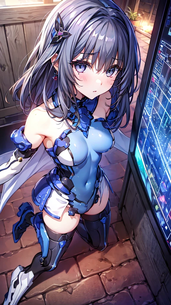 ((full body)),age Girls in Anime, Blue and grey metal armor, Blue hand and thigh accessories, Short dark blue-gray hair, hair accessory, Grey Eyes, Silver earrings, nose, Curious, Healthy Skin, Very dirty, head, shoulder, Small box, arms, Have a map, Narrow waist, feet, Medium thighs, Has black robotic legs, cute, Bright colors on the shirt, Futuristic marble white palace, Shining light in the sky, Stand next to a wall, Cinematic Light, High resolution, Highest quality, Super detailed, Detailed face, (Detailed eyes), Highest quality, Super detailed, masterpiece, (Detailed face), Beautiful face, feetを見せて, short hair