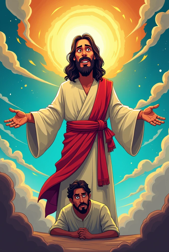 Cartoon background image Parmeshwar yeshu Masih  ek admi ko punishment de rahe hai 