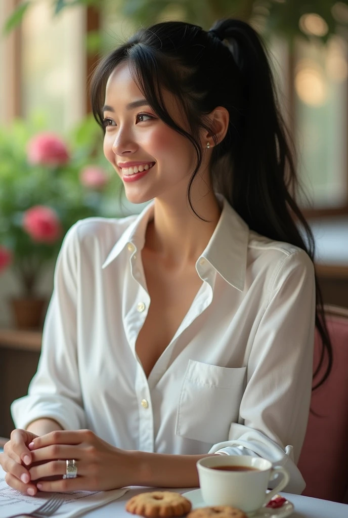 Masterpiece, best quality, super detailed, super realistic, photorealistic, beautiful Italian model with black hair, in Masole village, sitting at table with cup of tea and cookies: 1.2, white shirt: 1.1, super detailed face, long ponytail  long straight black hair, pale skin, plump breasts, smiling, perfect hands, perfect fingers