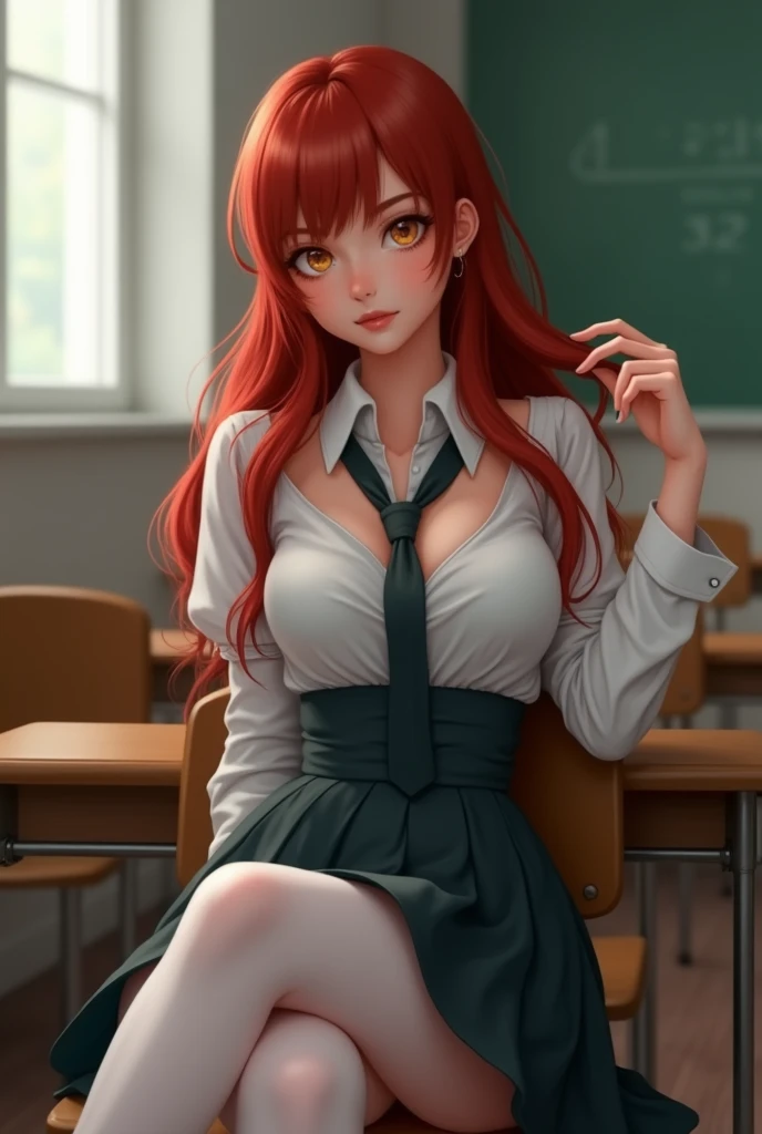ultra realistic, foot, long red hair,  Irish, 2, hourglass figure, perfect body, small breasts, seductive look, background blur, in a schoolgirl costume (open blouse with neckline, overskirt, white opaque stockings, tie), sitting in class, sitting in a chair at his desk, you look tempting, playing with a strand of hair, She crossed her legs, 