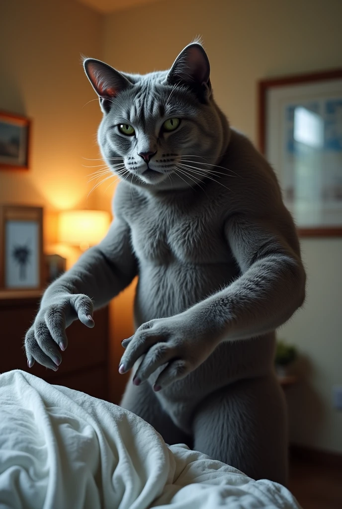 Adult Gray cat is muscular, he is like a human, his hands are like a human's. I came into the house and my wife was giving birth.