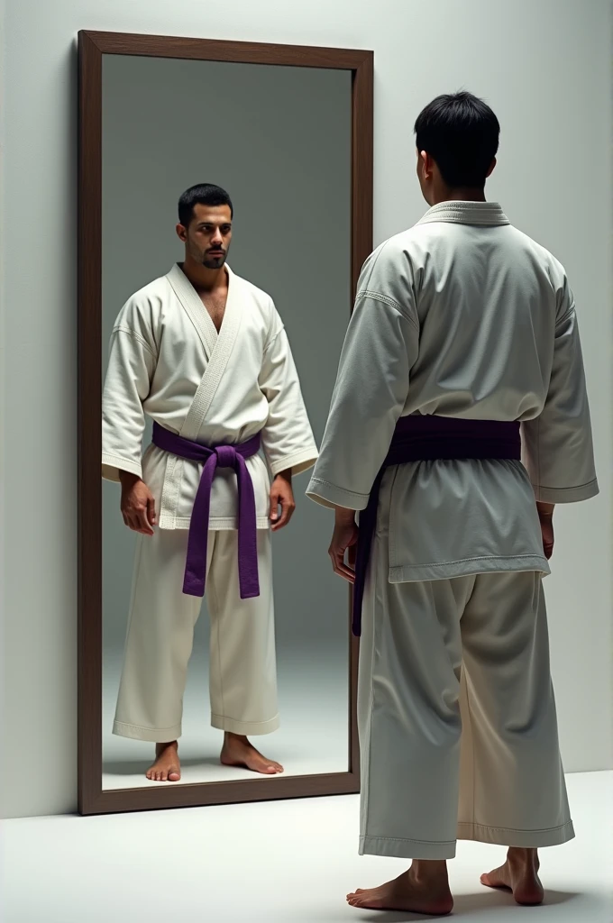 karateka man, dress with kimono and purple sash, taking a photo in the mirror.