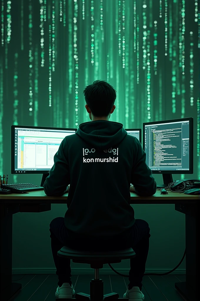 Create a 28 years guy wear a black hoodie , hoodie say "Kon Murshid" and black pant with white shoes doing programming with multiple monitor in Matrix 