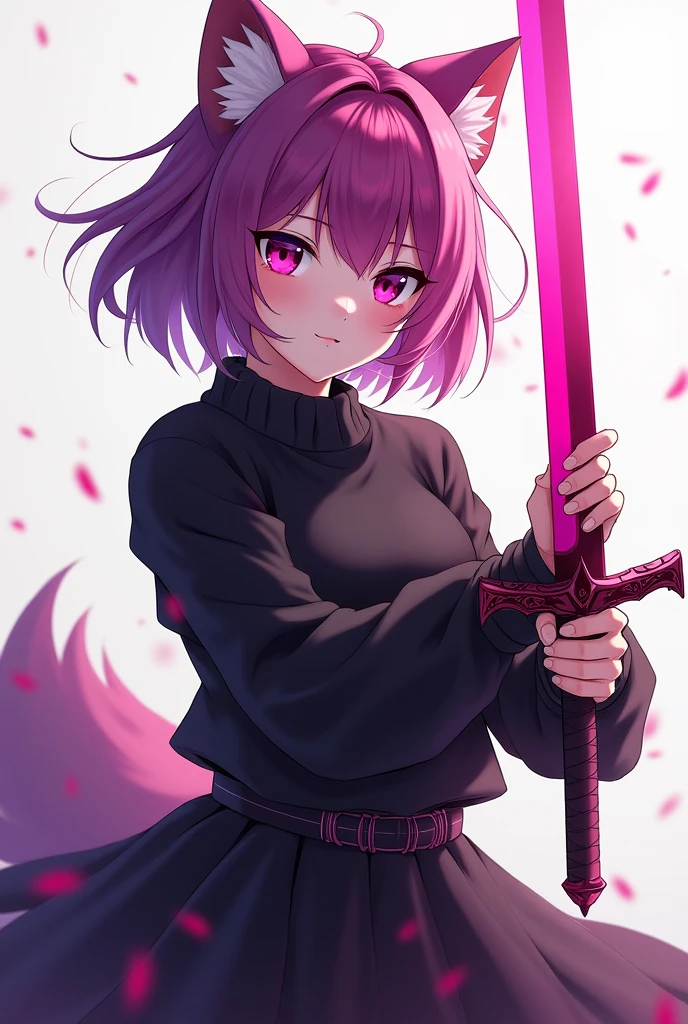 seyzu haruchiyo holding a sexy pink sword, beautiful, short, wearing a black sweater, wearing a skirt, pink and purple hair, wolf cut hair type