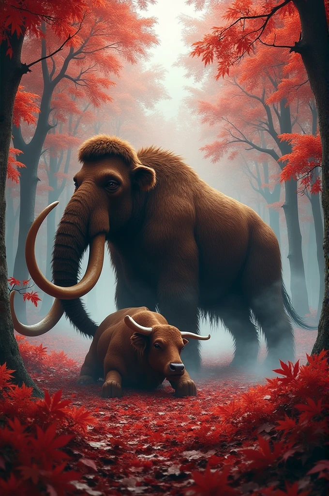 Mammoth killed the cow and there are many trees behind the tree color is red and there are many leaves below the color of the leaves is also red hai