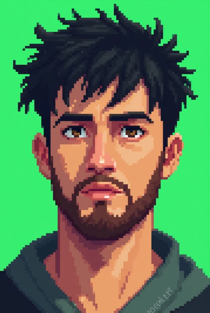 A young caucasian man in pixel art, he has very short black hair, brown eyes and a very short patchy beard and has a green background behind him