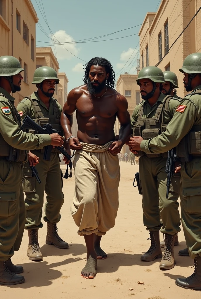 Black Palestinian Jesus Christ being arrested (hand cuffed) by Israeli soldiers