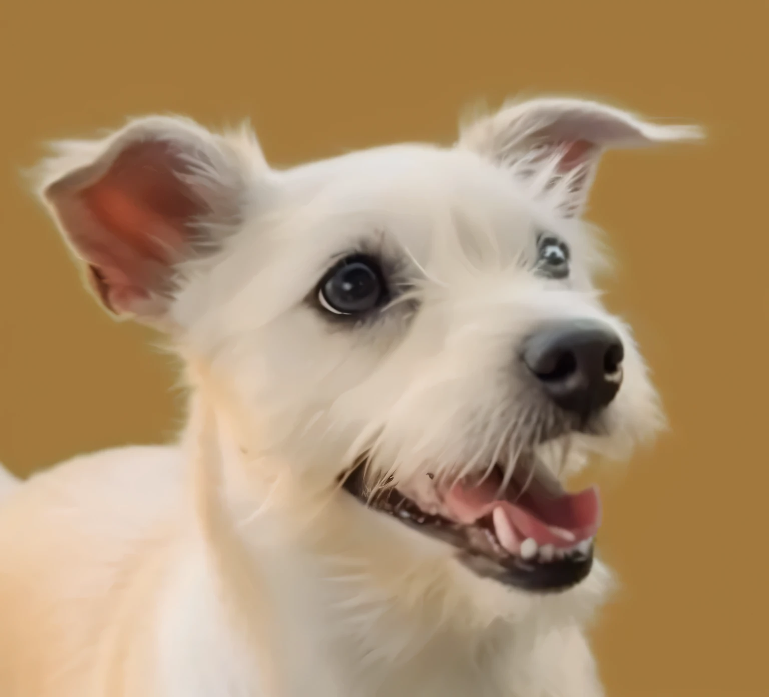 a very cute furry dog, hairs drawn like cartoon, perfectly drawn eyes, eyes like a cartoon drawing, beautiful eyes, perfect eyes, she is very happy, she is smiling, the image is very detailed