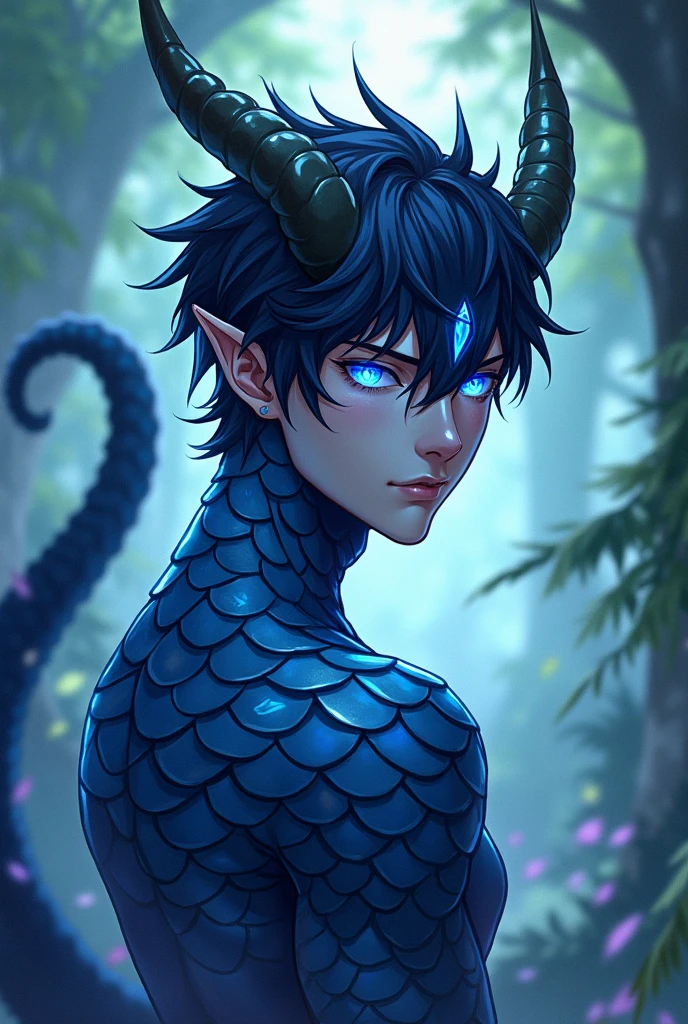 Anime art style, enigmatic male character, deep blue scales intricately flaked across his face, striking blue eyes with vertically slitted pupils exuding a sense of mystery, short raven-black hair framing his features, elegantly pointed elf ears accentuating his features, pair of majestic dragon horns curving gracefully from forehead, tapered and prehensile tail curling behind him, creating a sense of balance and dynamism, visually captivating environment of a vibrant fantasy world, lush landscapes and swirling magical energies, ethereal lighting casting soft glows on scales, highlighting intricate textures and patterns, composition focused on the character surrounded by swirling mists, deep forest greens contrasting with blue hues of his scales, vibrant colors enhancing the visual impact, the atmosphere charged with a sense of adventure and potential, anime-style  with bold outlines and rich detail, expressive character design capturing both strength and elegance, dynamic gesture imbued with movement, adding life to the scene, layered colors and gradients creating depth and dimension in the artwork, aimed to evoke emotional connection and wonder in viewers