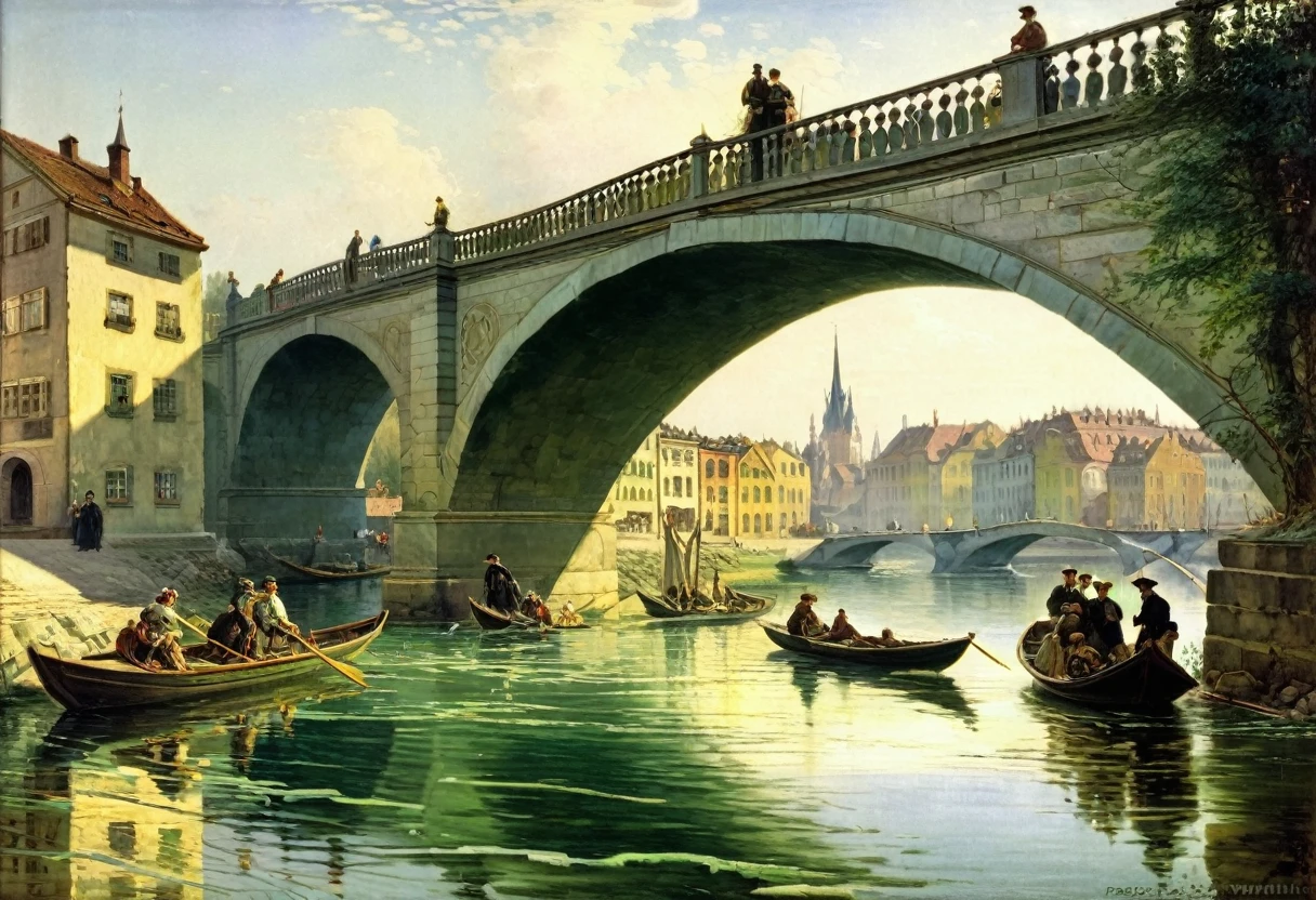 painting of a river scene with people in a boat and a bridge, by Joseph Ignaz Appiani, by Adolf Born, by Eduard von Grützner, by Ludwig Mestler, by Anton Otto Fischer, by Wilhelm Bendz, by Rudolf von Alt, by Adolf Ulric Wertmüller, by Ernst