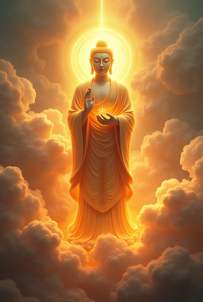 Jizo Bodhisattva，Golden Body,Colorful clouds，Three-dimensional ancient style，Plant luminescence，Photography style，Lifelike，Clarity，illumination，high quality，Reality，8k,HD,