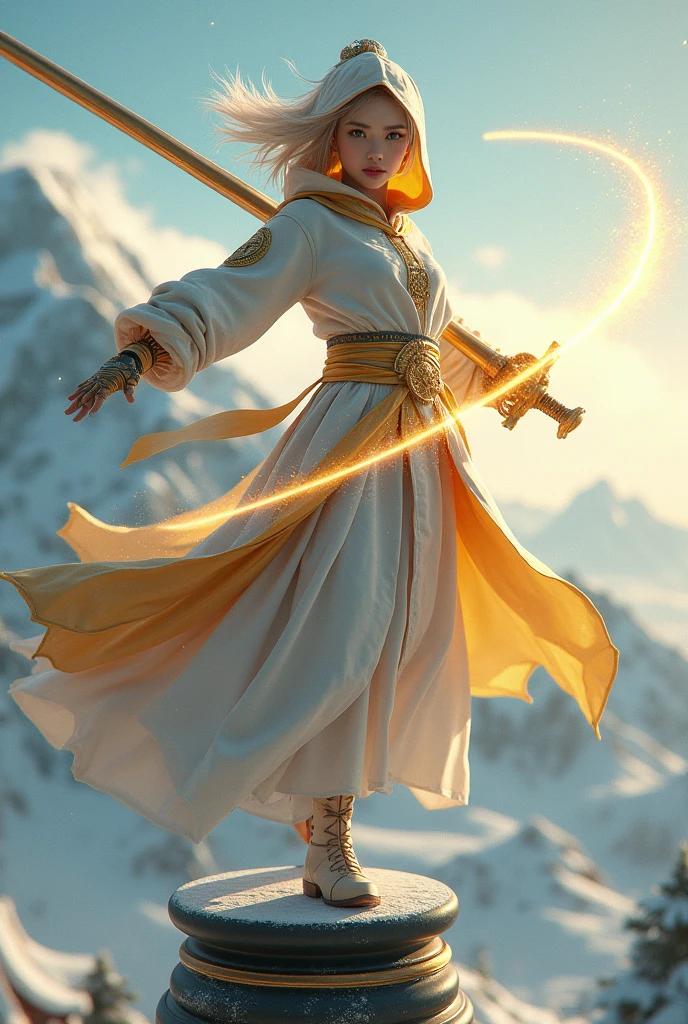 (masterpiece, best quality, beauty, best ratio, best shadows,best Illustration, wallpaper size,1080×2400 pixels)
Uhd, korean beauty like tae yon, sword dancing, full posture fully visible, shining blue eyes, windblown short blonde hair, wear gold full hoody armory with elegant emblem, hand holding a sword emits gold energy, standing on top chess piece pillar. Morning sky full snow and top snowing mountain seen on far away. use the RenderMan renderer.digital art. High definition, high contrast,high color saturation,128k,cinematic lighting, intricate,cinematic advertising photograph,cinema lens,high res.
