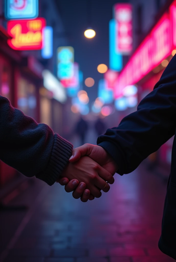 Couple hand with night time and neon light