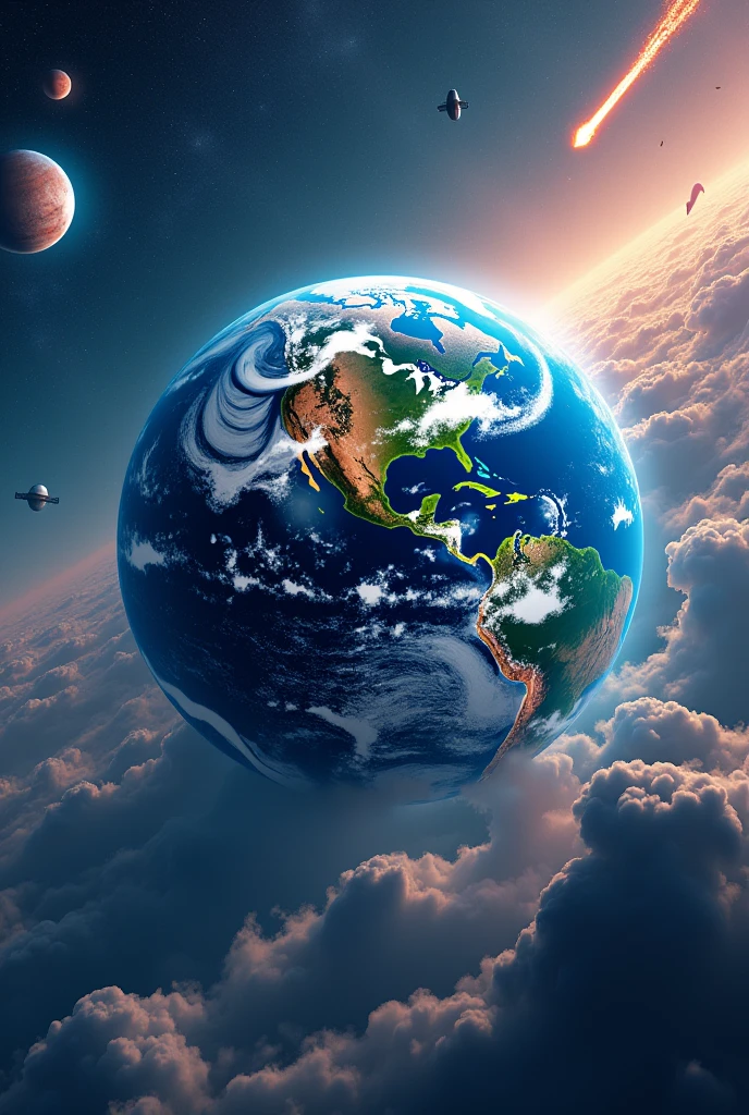 Create a three-dimensional image of planet Earth with interesting features and fantasy worlds behind it, comets and meteors passing by, place lights and even spaceships so that everything is well positioned. 