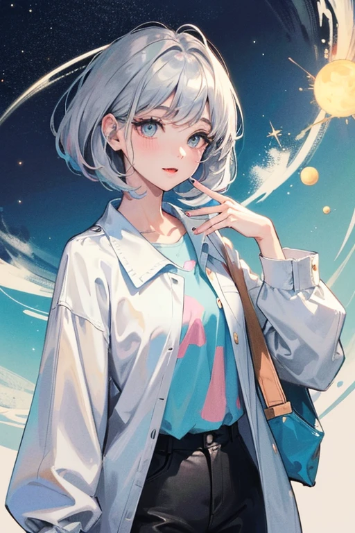 ((best quality)), ((masterpiece)), (detailed), 1girl, cute universe Holding a small moon in his left hand pink light blue Colorful colors Casual clothing Silver Ash Bob