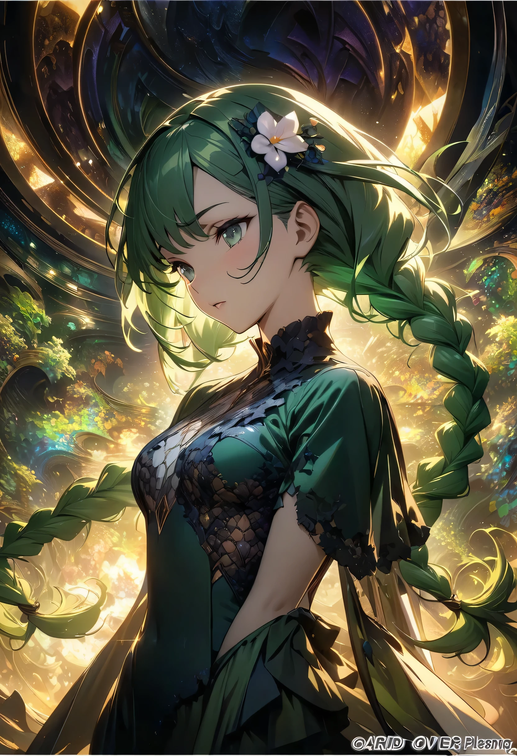 (masterpiece, top quality, Best quality, official art, beautiful and aesthetically pleasing:1.2), (1 girl:1.3), (fractal art:1.3), card, Tarot, green hair, double braids, hair flower, (good lighting:1.1), ((a high resolution)), Tarot card style