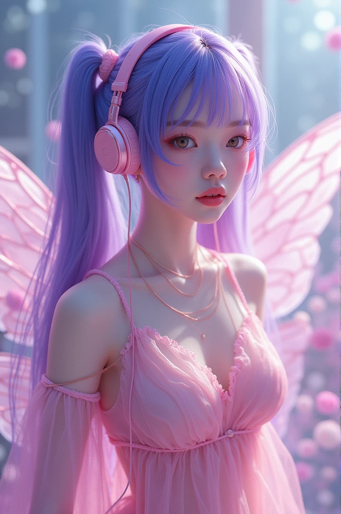 Korean purple hair butterfly woman with headphone and pink transparent outfit and pigtails