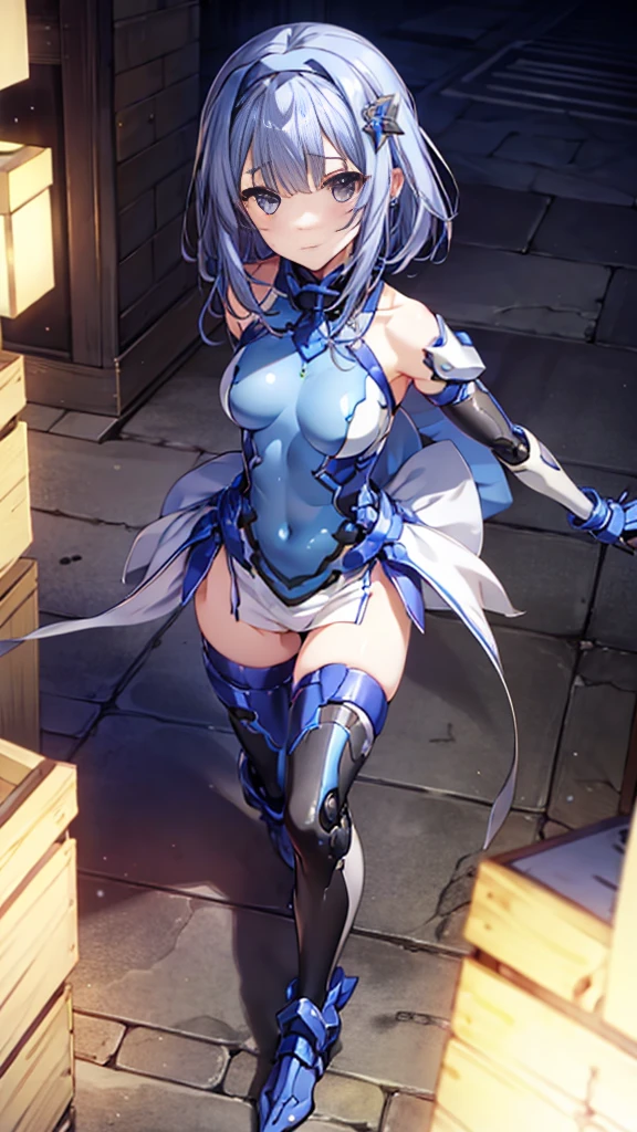 ((full body)),Teenage Girls in Anime, Blue and grey metal armor, Blue hand and thigh accessories, Short dark blue-gray hair, hair accessory, Grey Eyes, Silver earrings, nose, Curious, Healthy Skin, Very dirty, head, shoulder, Small box, arms, Have a map, Narrow waist, feet, Medium thighs, Has black robotic legs, cute, Bright colors on the shirt, Futuristic marble white palace, Shining light in the sky, Stand next to a wall, Cinematic Light, High resolution, Highest quality, Super detailed, Detailed face, (Detailed eyes), Highest quality, Super detailed, masterpiece, (Detailed face), Beautiful face, feetを見せて, short hair