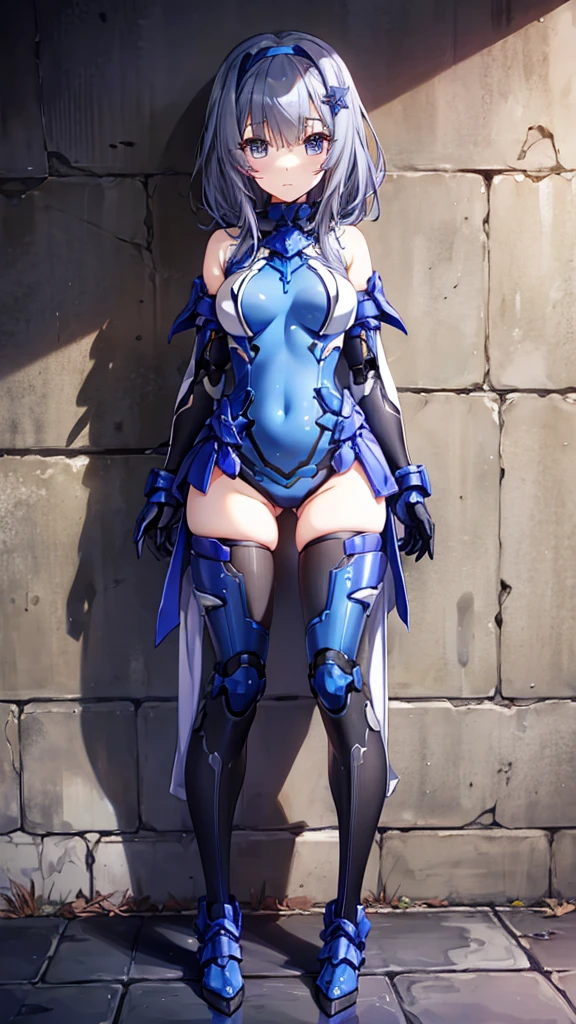 ((full body)),Teenage Girls in Anime, Blue and grey metal armor, Blue hand and thigh accessories, Short dark blue-gray hair, hair accessory, Grey Eyes, Silver earrings, nose, Curious, Healthy Skin, Very dirty, head, shoulder, Small box, arms, Have a map, Narrow waist, feet, Medium thighs, Has black robotic legs, cute, Bright colors on the shirt, Futuristic marble white palace, Shining light in the sky, Stand next to a wall, Cinematic Light, High resolution, Highest quality, Super detailed, Detailed face, (Detailed eyes), Highest quality, Super detailed, masterpiece, (Detailed face), Beautiful face, feetを見せて, short hair