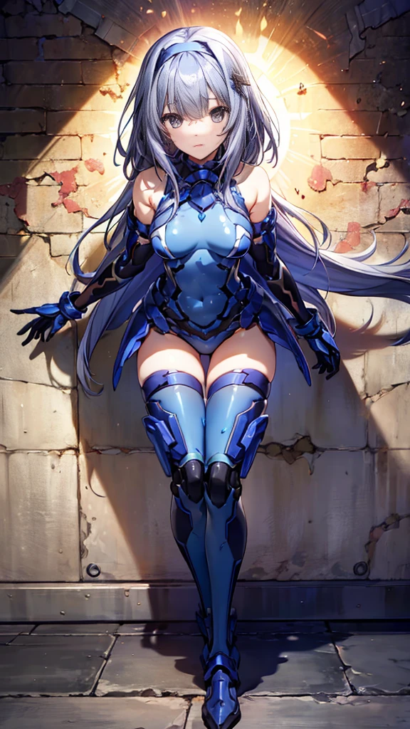 ((full body)),Teenage Girls in Anime, Blue and grey metal armor, Blue hand and thigh accessories, Short dark blue-gray hair, hair accessory, Grey Eyes, Silver earrings, nose, Curious, Healthy Skin, Very dirty, head, shoulder, Small box, arms, Have a map, Narrow waist, feet, Medium thighs, Has black robotic legs, cute, Bright colors on the shirt, Futuristic marble white palace, Shining light in the sky, Stand next to a wall, Cinematic Light, High resolution, Highest quality, Super detailed, Detailed face, (Detailed eyes), Highest quality, Super detailed, masterpiece, (Detailed face), Beautiful face, feetを見せて, short hair