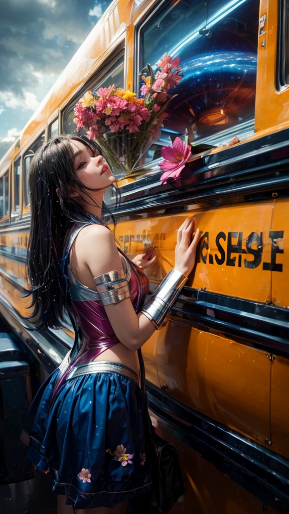 "((Galactic)) scene portraying an alien girl surrounded by a symphony of clouds, splashes of vivid colors, and delicate flowers, an imaginative composition that sparks the viewer's curiosity"