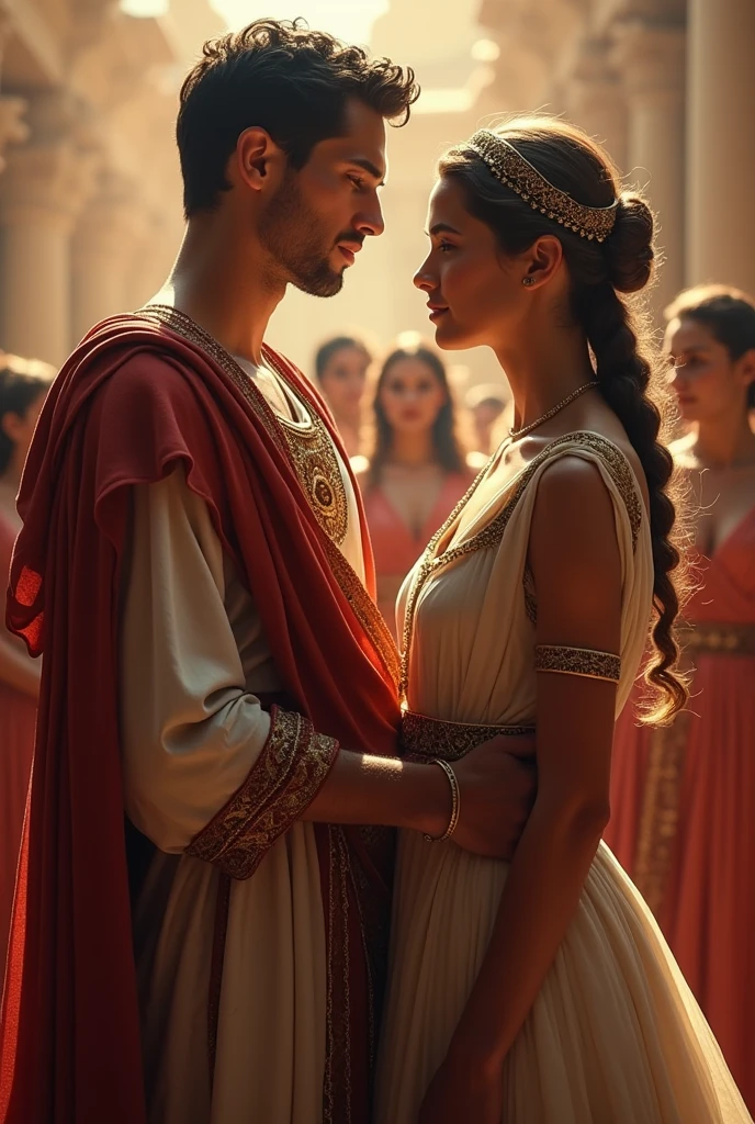 Masterpiece, Imagine a grand wedding in Ancient egypt, 83 BC, where the young and ambitious Julius Caesar, aged 17 ( ultra detailed determined face), is united in marriage with the strikingly beautiful and noble Cornelia, aged 14. Picture the scene filled with the romance and promise of greatness, as guests dressed in the finest Roman attire of the 1st century BC gather to celebrate this auspicious union. Cornelia, a roman noble girl, (slim slender body, light brown hair, ultra detailedseductive face), radiant in her elegance, embodies the ideal of Roman femininity, her youthful beauty enhanced by the luxurious fabrics and sophisticated styles of her wedding garments. Amidst the ancient splendor of Rome, their love story begins, set against a backdrop of political intrigue and the timeless grandeur of an empire, (roman clothings from the 1st century BC:1.2), 16K, ultra high res.photorealistic, UHD, RAW