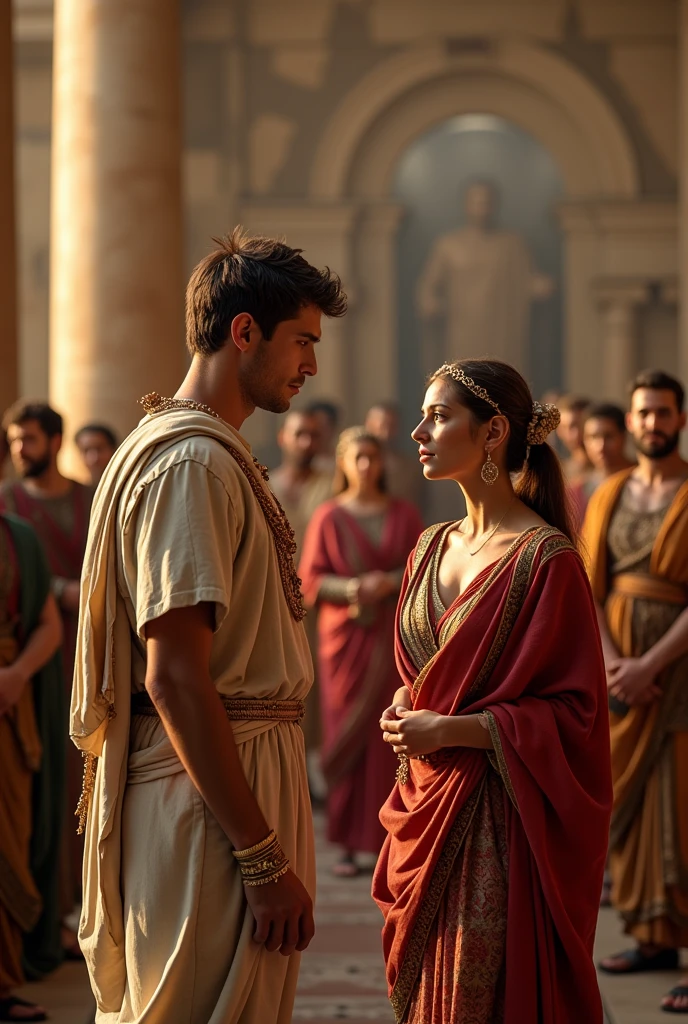 Masterpiece, Imagine a grand wedding in Ancient egypt, 83 BC, where the young and ambitious Julius Caesar, aged 17 ( ultra detailed determined face), is united in marriage with the strikingly beautiful and noble Cornelia, aged 14. Picture the scene filled with the romance and promise of greatness, as guests dressed in the finest Roman attire of the 1st century BC gather to celebrate this auspicious union. Cornelia, a roman noble girl, (slim slender body, light brown hair, ultra detailedseductive face), radiant in her elegance, embodies the ideal of Roman femininity, her youthful beauty enhanced by the luxurious fabrics and sophisticated styles of her wedding garments. Amidst the ancient splendor of Rome, their love story begins, set against a backdrop of political intrigue and the timeless grandeur of an empire, (roman clothings from the 1st century BC:1.2), 16K, ultra high res.photorealistic, UHD, RAW