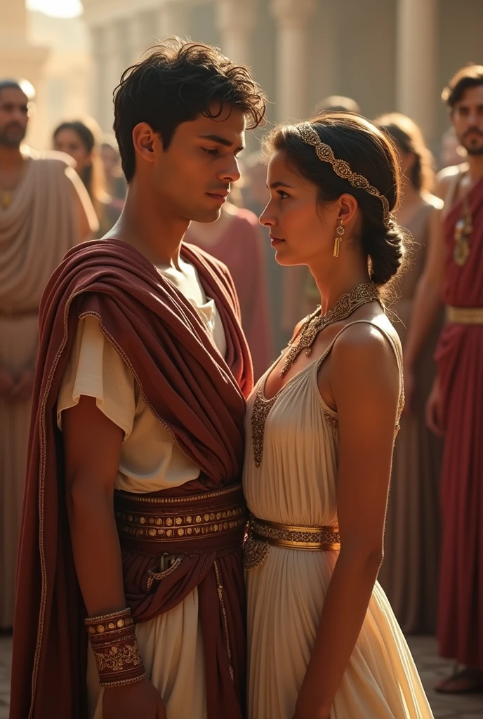 Masterpiece, Imagine a grand wedding in Ancient egypt, 83 BC, where the young and ambitious Julius Caesar, aged 17 ( ultra detailed determined face), is united in marriage with the strikingly beautiful and noble Cornelia, aged 14. Picture the scene filled with the romance and promise of greatness, as guests dressed in the finest Roman attire of the 1st century BC gather to celebrate this auspicious union. Cornelia, a roman noble girl, (slim slender body, light brown hair, ultra detailedseductive face), radiant in her elegance, embodies the ideal of Roman femininity, her youthful beauty enhanced by the luxurious fabrics and sophisticated styles of her wedding garments. Amidst the ancient splendor of Rome, their love story begins, set against a backdrop of political intrigue and the timeless grandeur of an empire, (roman clothings from the 1st century BC:1.2), 16K, ultra high res.photorealistic, UHD, RAW