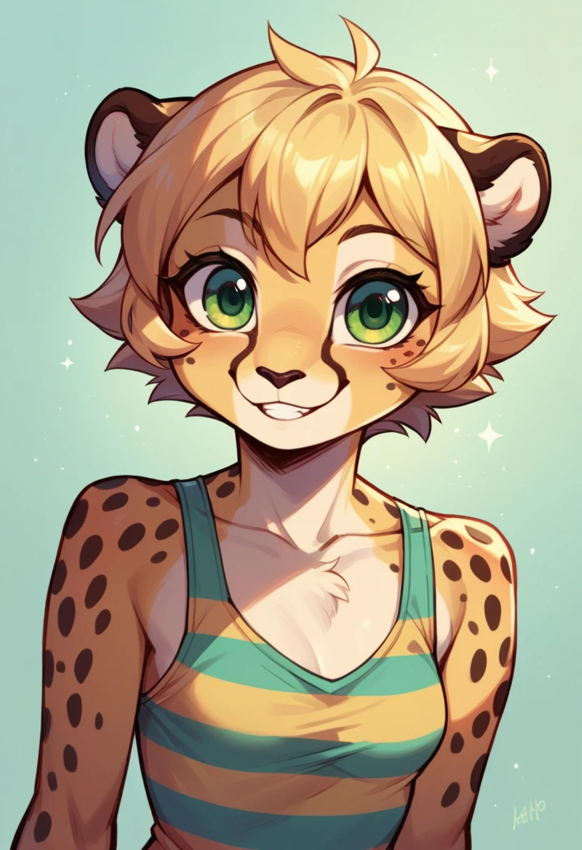 Anthropomorphic, cute, cheetah woman, short chic blonde hair, green eyes, hourglass, small breasts, colorful striped tank top, portrait, cheerful smile