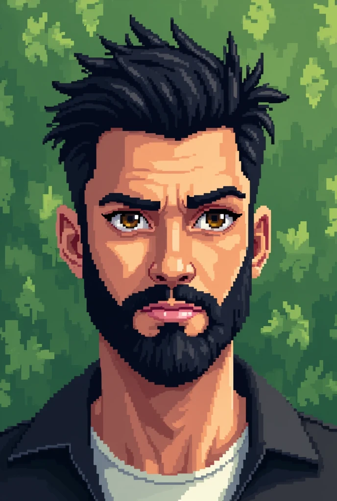 A young caucasian man in pixel art, he has very short black hair, brown eyes and a very short, black, patchy beard and there is a green background behind him