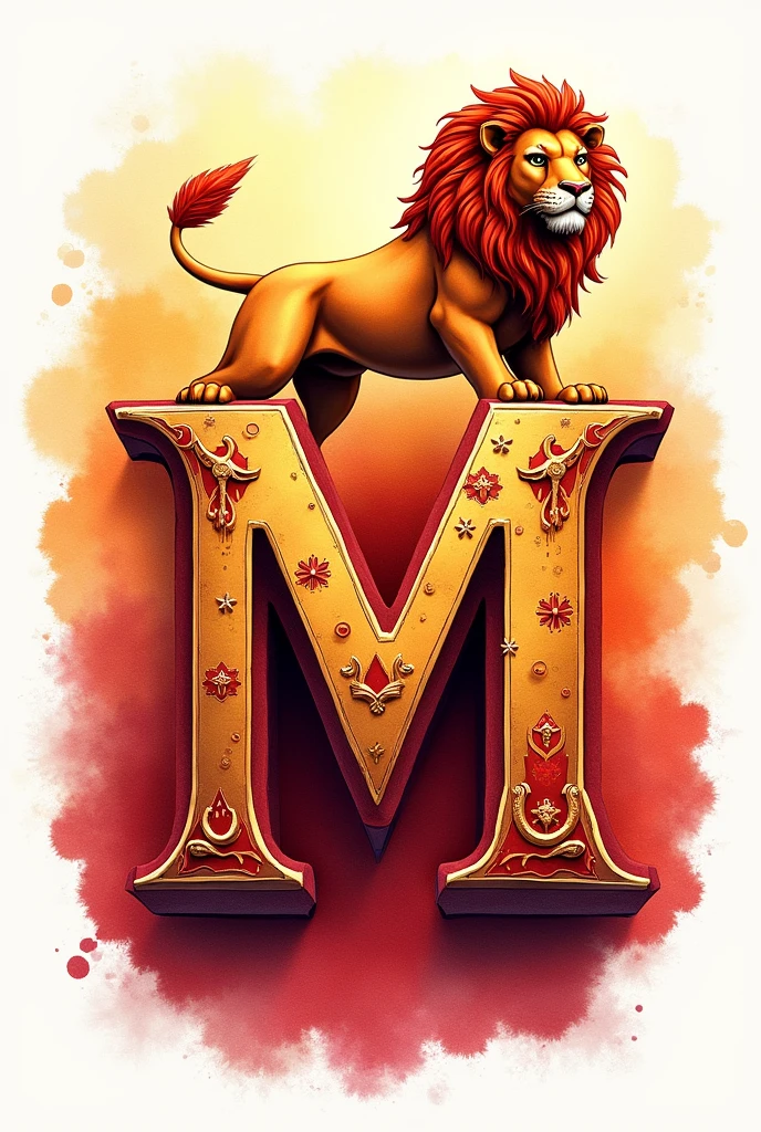 Decorate the letter M with symbols and colors of the Grifyndor house , with the lion mascot above the M, watercolor