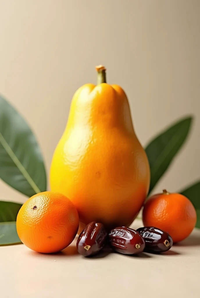 a papaya with dates and an orange