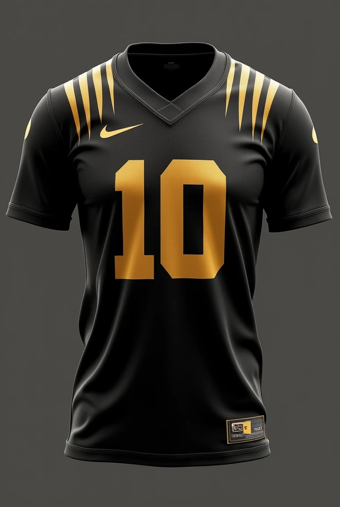 Create a sleek high school Olympics jersey in black, accented with a gold gradient effect. The player number is large and centered in a bold gold font, with subtle, vertical golden lines cascading from the shoulders to the hem, giving a sense of height and agility. A small golden logo is placed on the upper left side. The design should combine simplicity with a touch of elegance and modern flair.