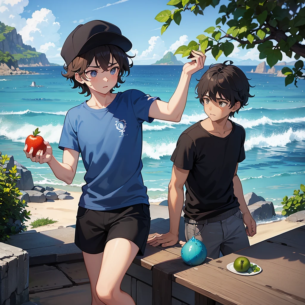 EARTH:a boy with curly brown hair,He is wearing a blue cap, he is wearing a gray shirt and black shorts,He is holding a fruit that looks like fire in one hand and his other hand is on fire.,in a place near the sea he alone anime 8k
