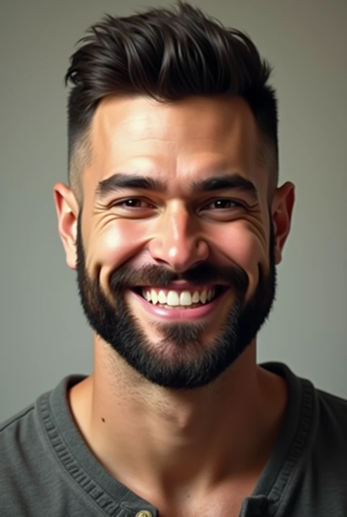Tall man, short beard, shaven hair, big smile, dark brown hair and beard and very white skin