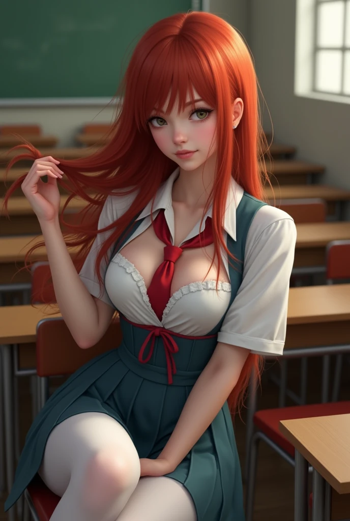 ultra realistic, foot, long red hair, Irish, 2, hourglass figure, perfect body, small breasts, seductive look, background blur, in a schoolgirl costume (open blouse with neckline, overskirt, white opaque stockings, tie), sitting in class, sitting in a chair at his desk, you look tempting, playing with a strand of hair, She crossed her legs,