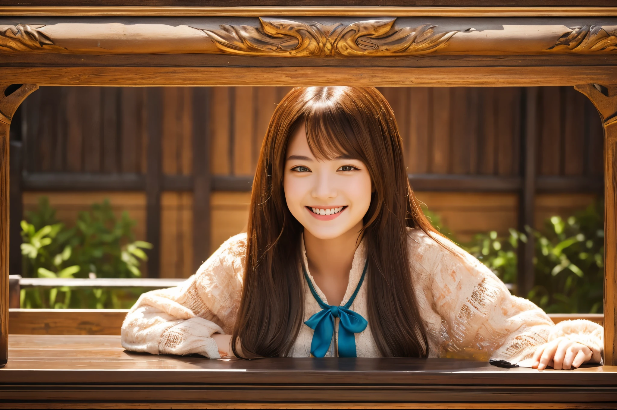 Highest quality masterpiece detailed Smiling girl sitting on the horizontal bar Photo style Fantasy