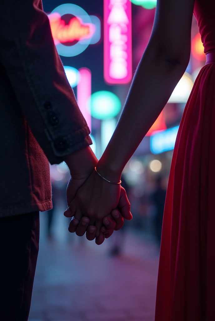 Couple hand with night time and neon light in kathmandu nepal