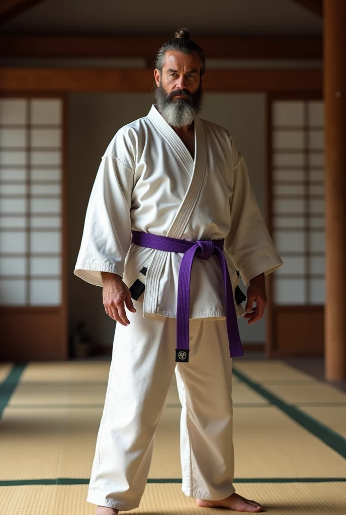 karateka man, beard, dress with kimono and purple sash, in a karate dojo, on top of an eva tatami mat