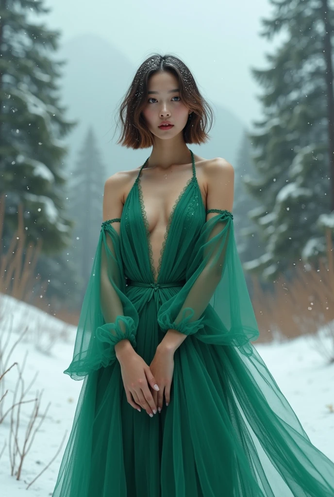 A naked Asian Princess woman in an open front facing emerald tulle dress wearing sunglasses, standing in snowy mountains, young and beautiful, with large breasts, detailed face and hand detail, short brown hair, dark eyes, forest guardian, conifer forest in the background, snow falling, large “Brown Bear” written on-screen, full body shot, ((masterpiece, highest quality, Highest image quality, High resolution, photorealistic, Raw photo, 8K, Extremely detailed CG unified 8k wallpaper)), (huge stunning goddess shot, very hot and sexy, jaw-dropping beauty, perfect proportions, beautiful body, slim body beauty:1.4), 