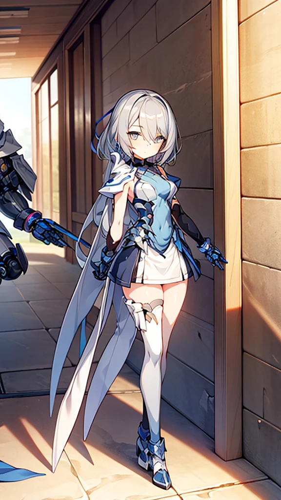 ((full body)),Teenage Girls in Anime, Blue and grey metal armor, Blue hand and thigh accessories, Short dark blue-gray hair, hair accessory, Grey Eyes, Silver earrings, nose, Curious, Healthy Skin, Very dirty, head, shoulder, Small box, arms, Have a map, Narrow waist, feet, Medium thighs, Has black robotic legs, cute, Bright colors on the shirt, Futuristic marble white palace, Shining light in the sky, Stand next to a wall, Cinematic Light, High resolution, Highest quality, Super detailed, Detailed face, (Detailed eyes), Highest quality, Super detailed, masterpiece, (Detailed face), Beautiful face, feetを見せて, short hair
