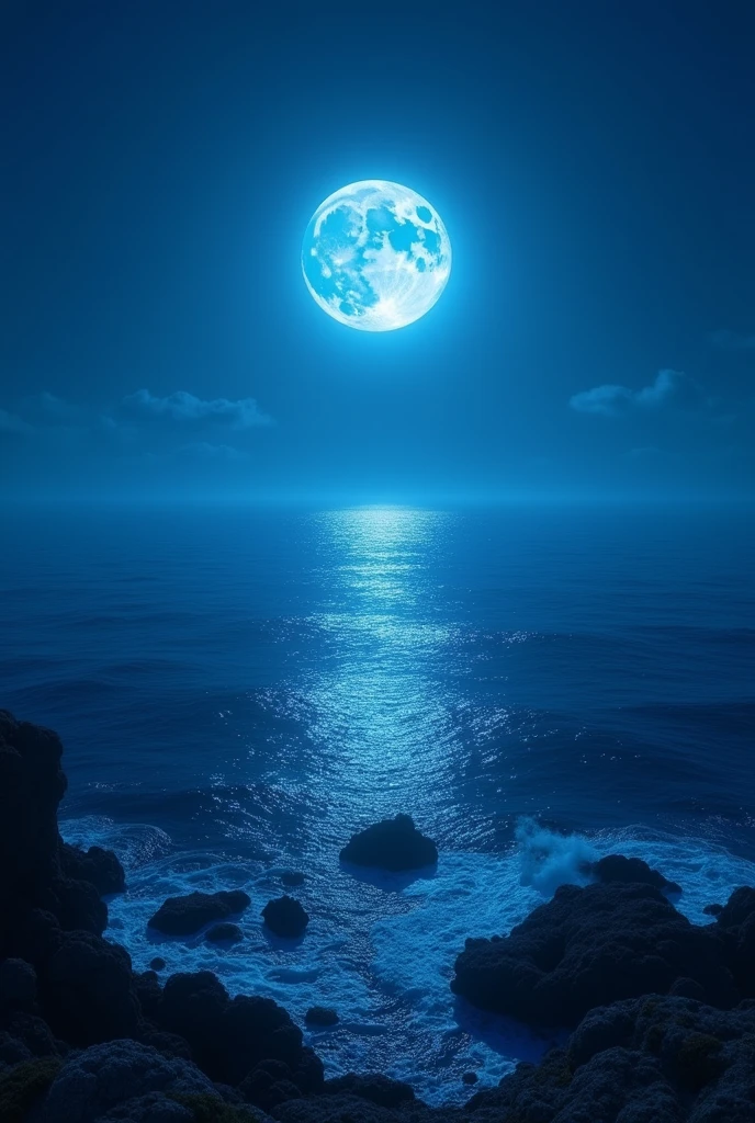 The magnificent sight of a full moon over the vast ocean, Earthlight, (The blue night is very bright,Almost the same as during the day), The blue glow has the Tyndall effect, Soft blue night light, Blue vibe, Moon Landscape, deep Blue vibe, blue glow, blue sunset, Blue Moonlight, Moon surface, dark blue planet,There is seawater,(There are reefs exposed above the water),The sea water reveals the moonlight under the reflection of the moon,(The moon is in the upper center of the picture,The whole picture is blue)((The whole picture is very clear and bright,You can see the outlines of various objects))(((No watermarks)))((More reefs,A little higher))