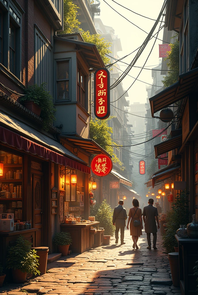 (photorealism: 1.2), realistic photo of shop in a crowded alley in the evening in summer