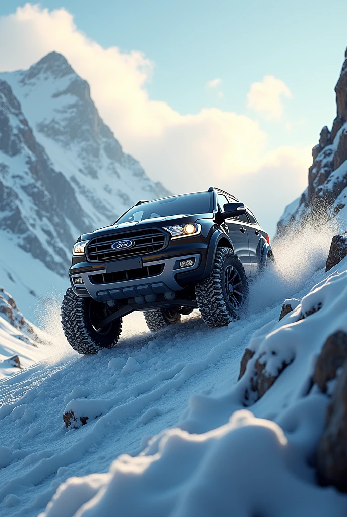 A black ford endeavor car with golden shading climbing on the ice mountain
