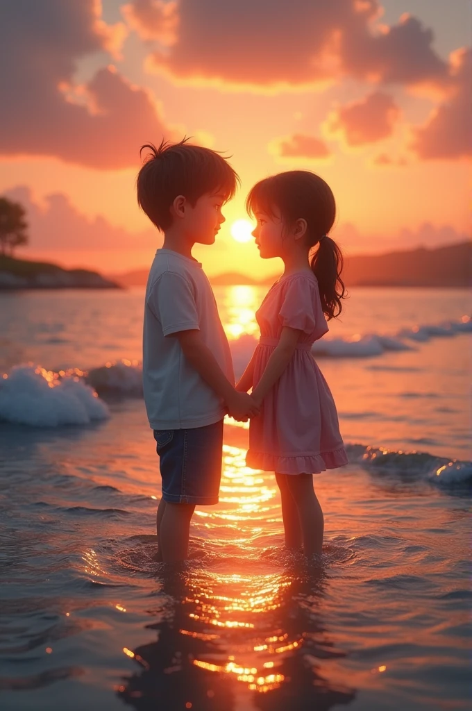 Position the boy and girl between the water and sunset. They can be placed on the beach or lake shore where water and sun interact with each other. Adjust their positioning in such a way that the love of sunset and the fragrance of water enhance their emotions.