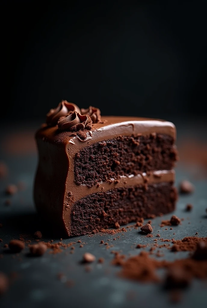 cinematic film still chocolate, chocolate cake, dark background, quality photo, moist texture, frosting, studio photo, slice . shallow depth of field, vignette, highly detailed, high budget, bokeh, cinemascope, moody, epic, gorgeous, film grain, grainy