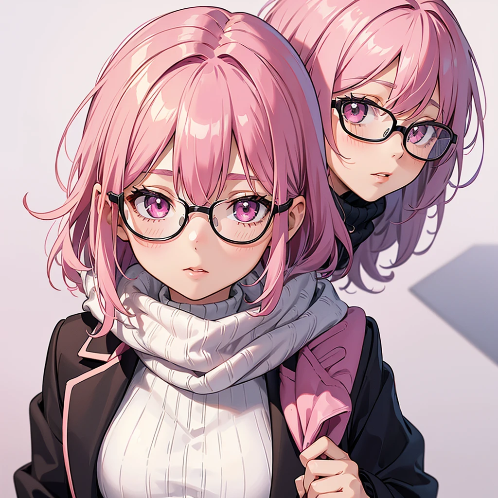 a girl with Pink Hair who is wearing a blazer Jacket and scarf, One girl, alone, Pink Hair, Short Bob,Wavy Hair,Round Glasses,
 View your viewers, Pink Eyes, sweater, turtleneck, Upper Body, White Background, Simple Background, bangs, Hair between the eyes, blush, black sweater, Jacket, turtleneck sweater, Lips parted