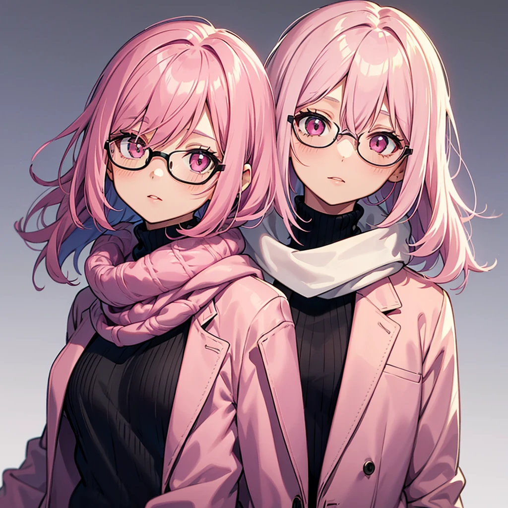 a girl with Pink Hair who is wearing a blazer Jacket and scarf, One girl, alone, Pink Hair, Short Bob,Wavy Hair,Round Glasses,
View your viewers, Pink Eyes, sweater, turtleneck, Upper Body, White Background, Simple Background, bangs, Hair between the eyes, blush, black sweater, Jacket, turtleneck sweater, Lips parted
